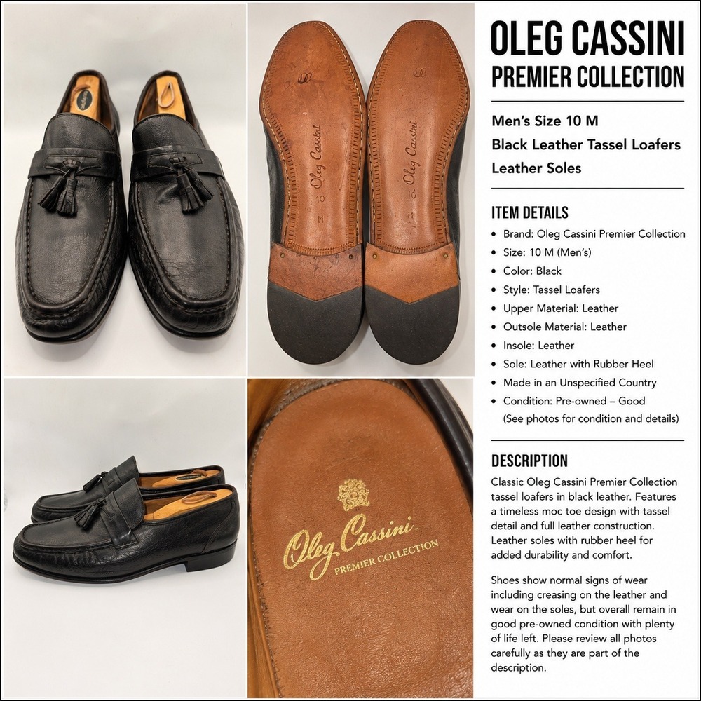 Oleg Cassini Premier Collection Men Black Leather Tassel Loafers Size 10 M